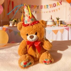 NWT Linzy Plush Singing Happy Birthday Brown Teddy Bear Party Hat - WORKS